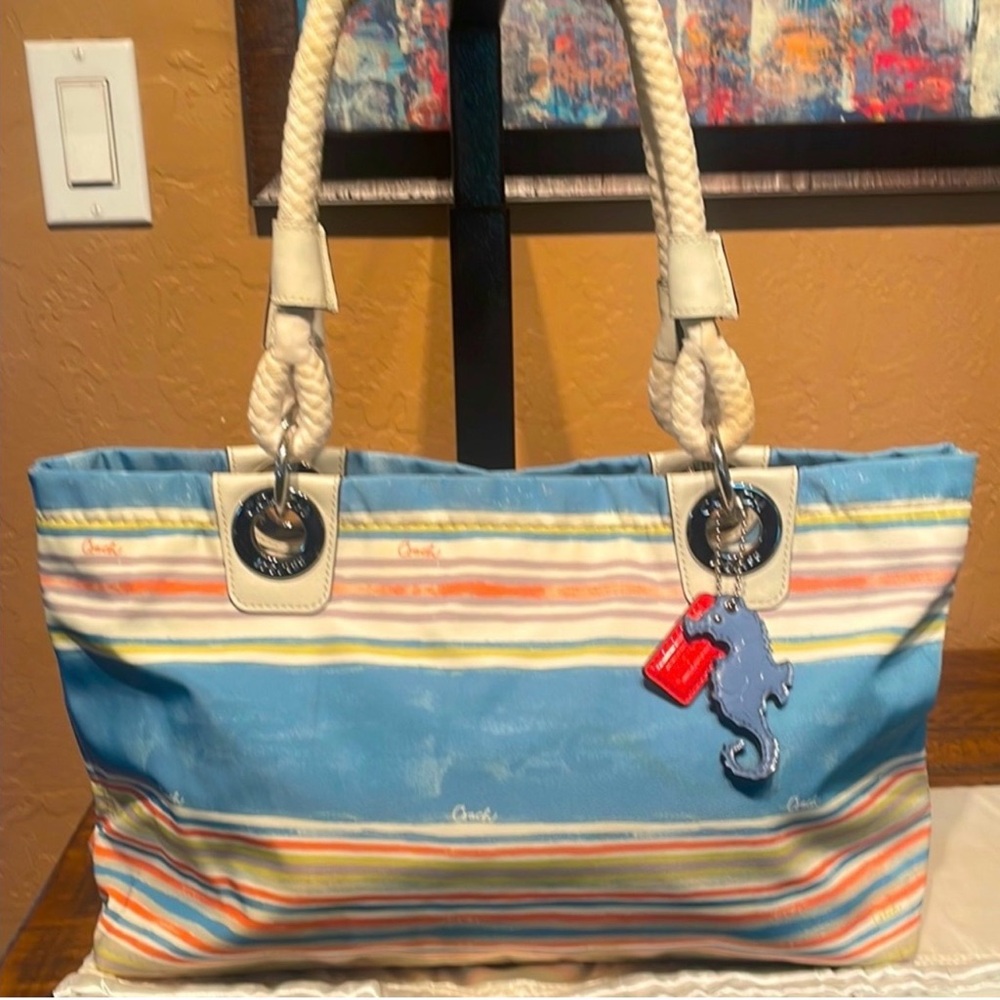 Coach Rare Nautical Beach East West Tote with Blue Seahorse Charm & Red Hangtag